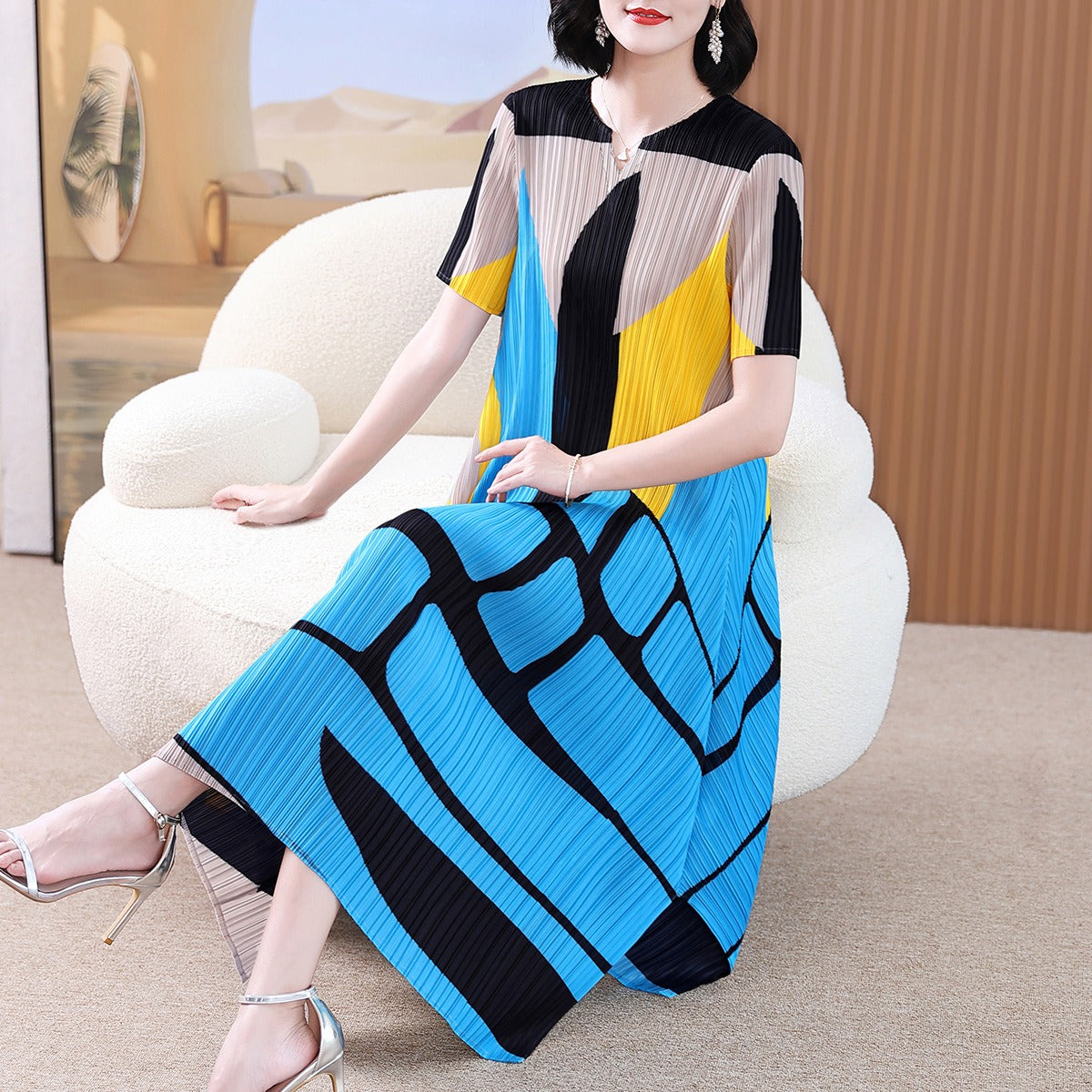 Pleated Dress for Women Printed Comfortable, Loose and Thin Pleated Mid-Length Elegant Dress Women