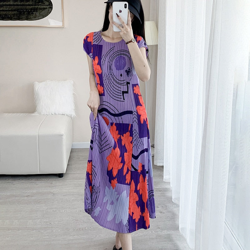 GVUW Fashion Printing Pleated Dress For Women O-neck Short Sleeve Loose Summer New Female Casual Holiday Clothing 17J1687