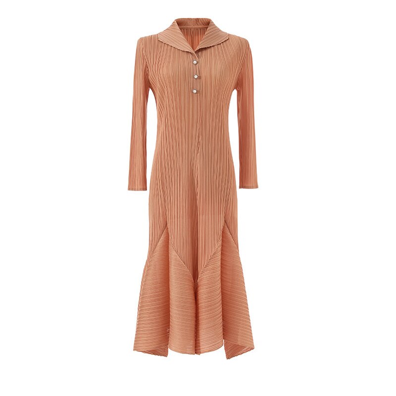 LANMREM Casual Pleated Dress For Women Lapel Long Sleeves Beading A-line Dresses High End Female Clothing New YAa541