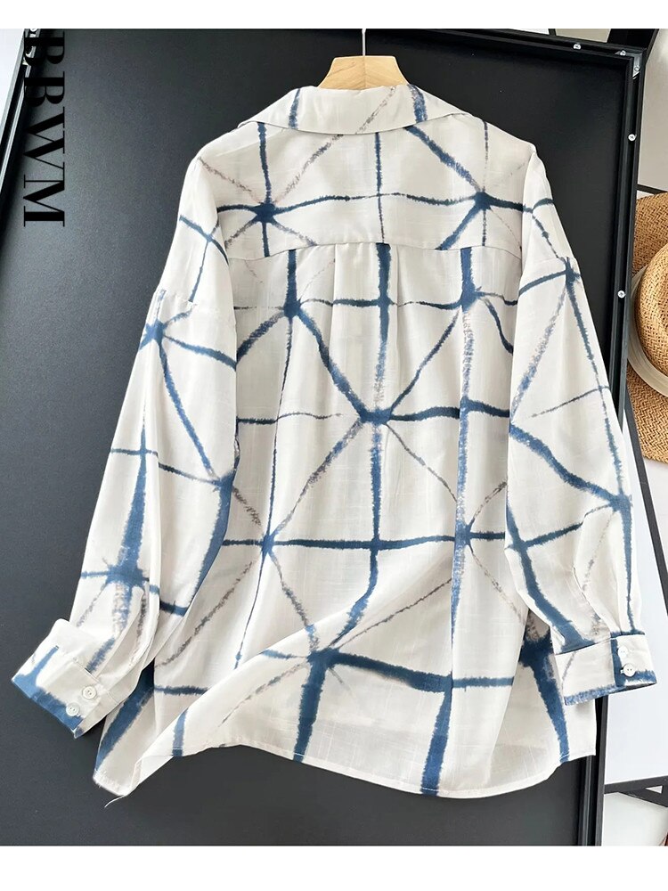Comfortable Ramie Thin V-neck Printed Long Sleeved Women's Shirt Summer New Geometric High Quality Sunscreen Chip Female Tops