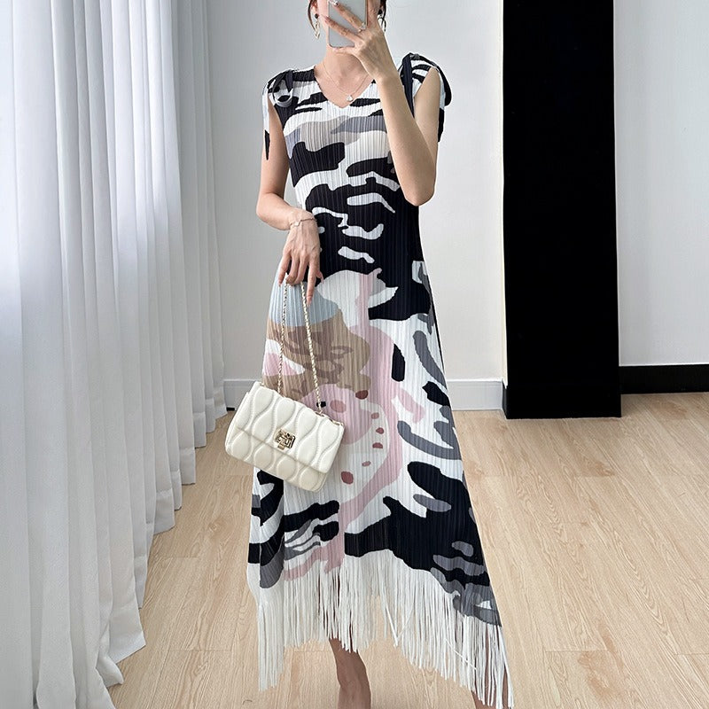 Sleeveless Pleated Dress Women Thin Tassel Temperamental Vintage Print Thin and Comfortable Casual Dress