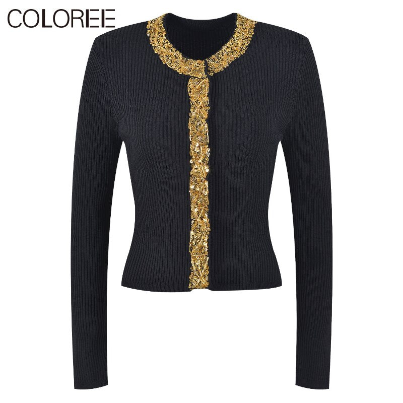 Spring Autumn Long Sleeve Top 2023 Luxury Sequin Beading O-neck Knitted Sweater Women Elegant Cardigans Khaki White Black