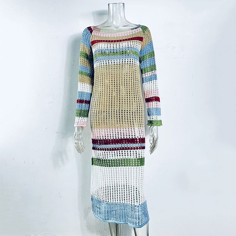 GACVGA Striped Knitted Sexy Long Dress Summer Full Sleeve Hollow Out Casual Women Beach Party Maxi Dress