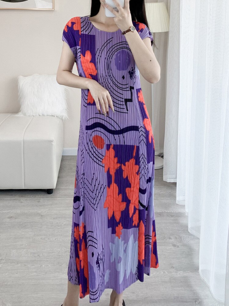 GVUW Fashion Printing Pleated Dress For Women O-neck Short Sleeve Loose Summer New Female Casual Holiday Clothing 17J1687