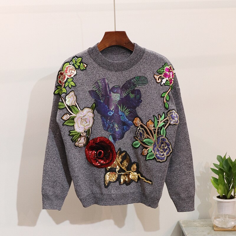 Autumn winter 2 piece set women Embroidery sequin knitted set sweater + trousers pants set Women two piece set fashion tracksuit