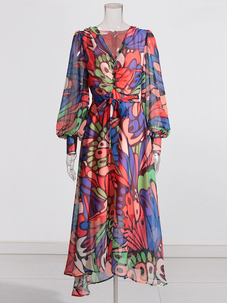 VGH Ruched Print Long Dress For Women V Neck Lantern Sleeve High Waist Colorblock Slim Dresses Female Spring Style Clothes