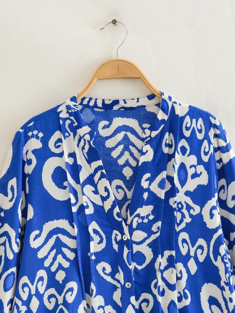 Summer Vintage Patchwork Women Casual Shirt Printed Dress A-Line V Neck Wrist Sleeve Button-Up Loose Female Mini Dresses