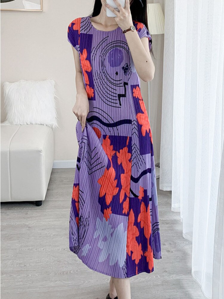 GVUW Fashion Printing Pleated Dress For Women O-neck Short Sleeve Loose Summer New Female Casual Holiday Clothing 17J1687