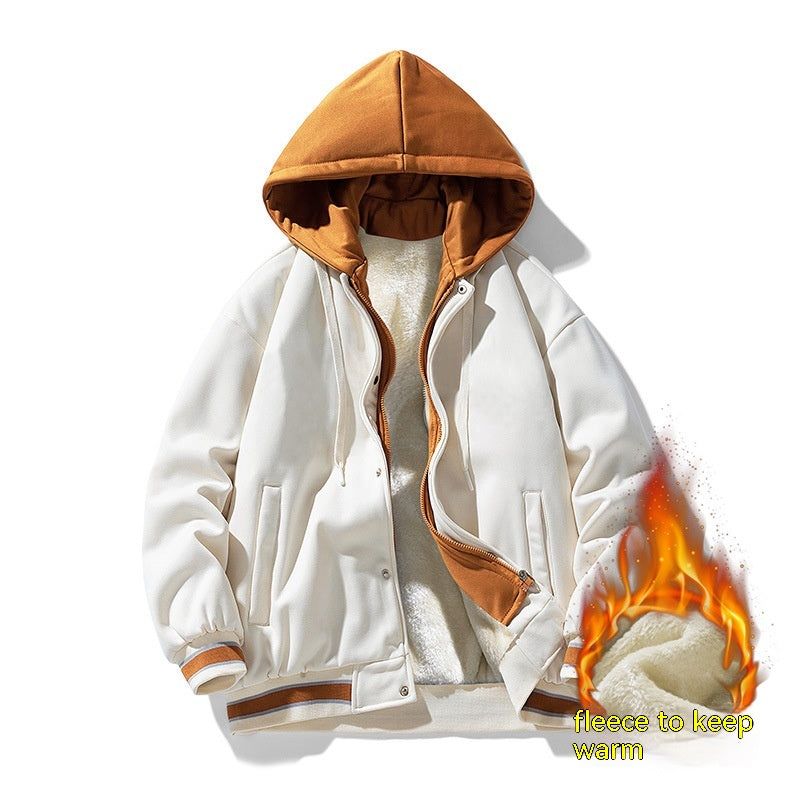 Autumn Winter Sweater Men's Hooded Cardigan Fleece False-two-piece Solid Color Coat