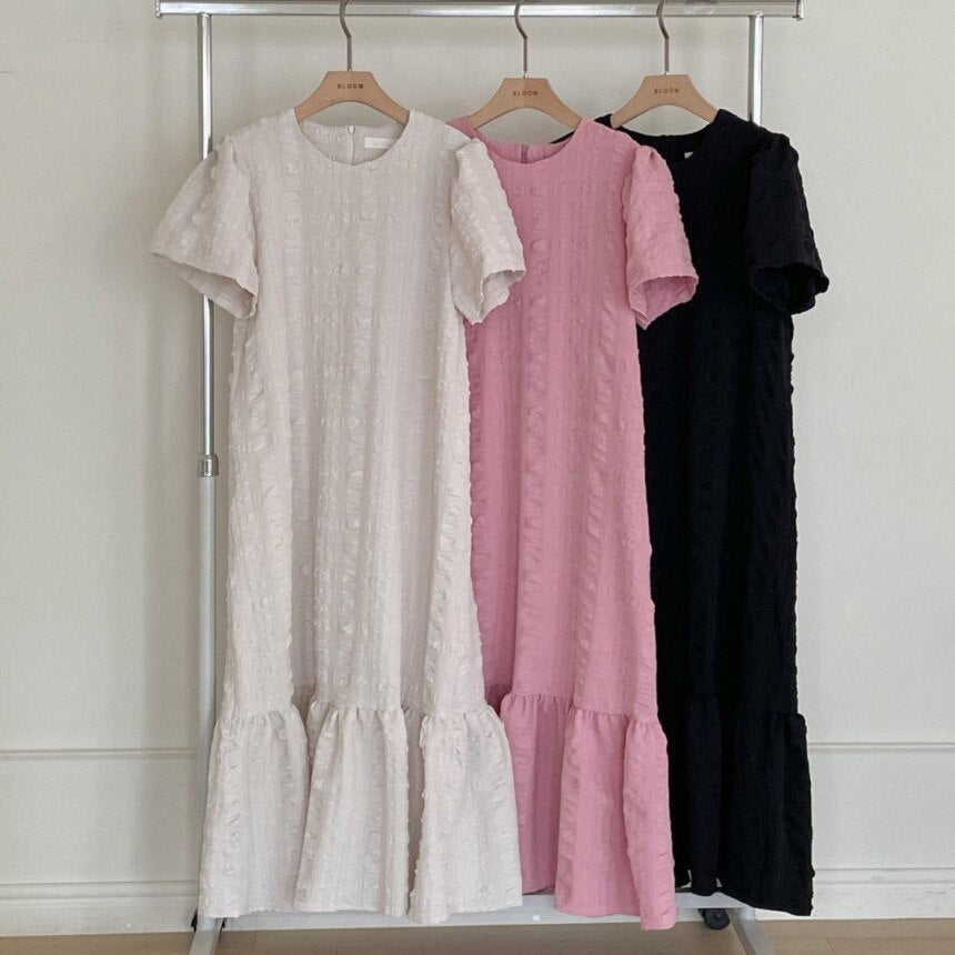 Nomikuma Summer Korean Dresses Vintage Women Sweet Puff Sleeve O-neck Dress Causal Ruffle Patchwork A-line Vestidos Mujer