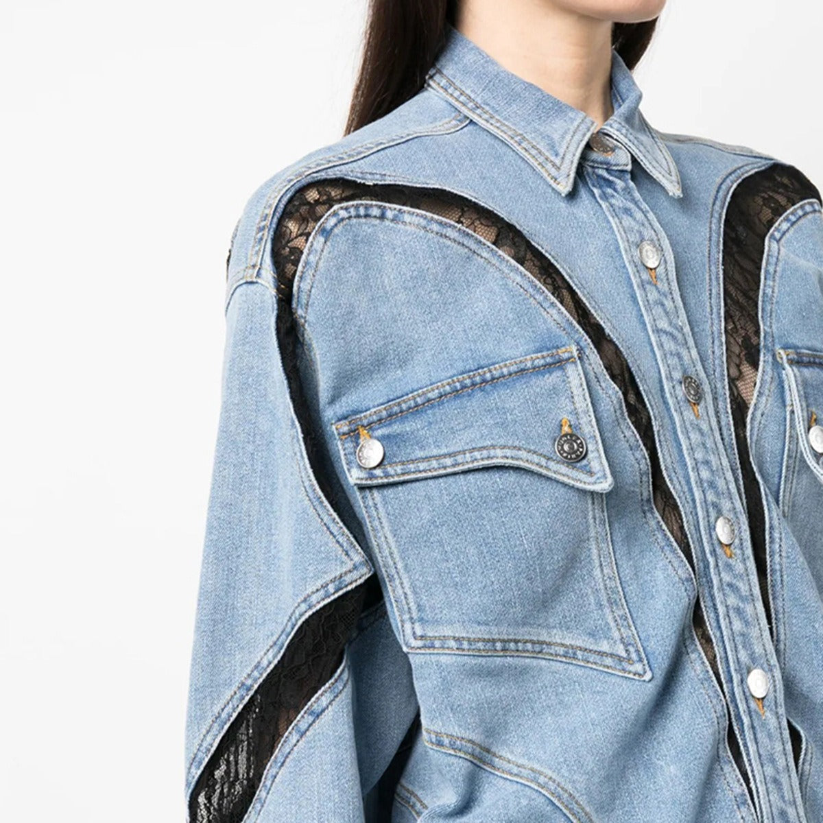 Streetwear Style Loose Fashion Trend Women's Clothing Long Sleeve Jean Jacket Lace Panel Design Denim Coats