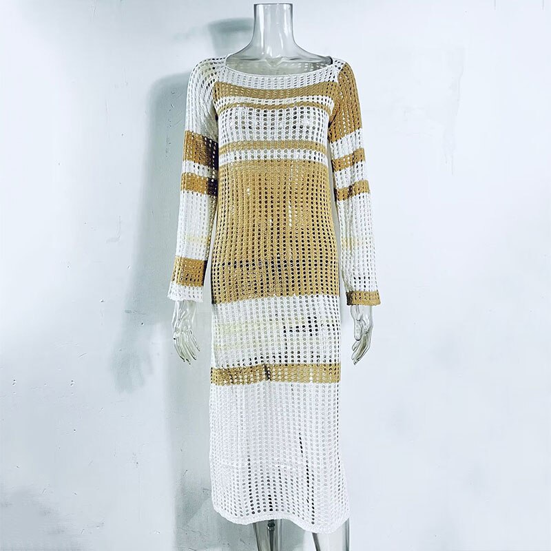GACVGA Striped Knitted Sexy Long Dress Summer Full Sleeve Hollow Out Casual Women Beach Party Maxi Dress