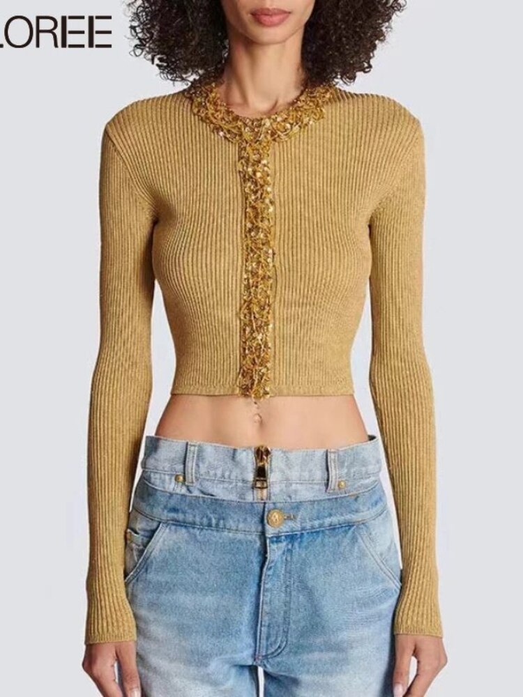 Spring Autumn Long Sleeve Top 2023 Luxury Sequin Beading O-neck Knitted Sweater Women Elegant Cardigans Khaki White Black