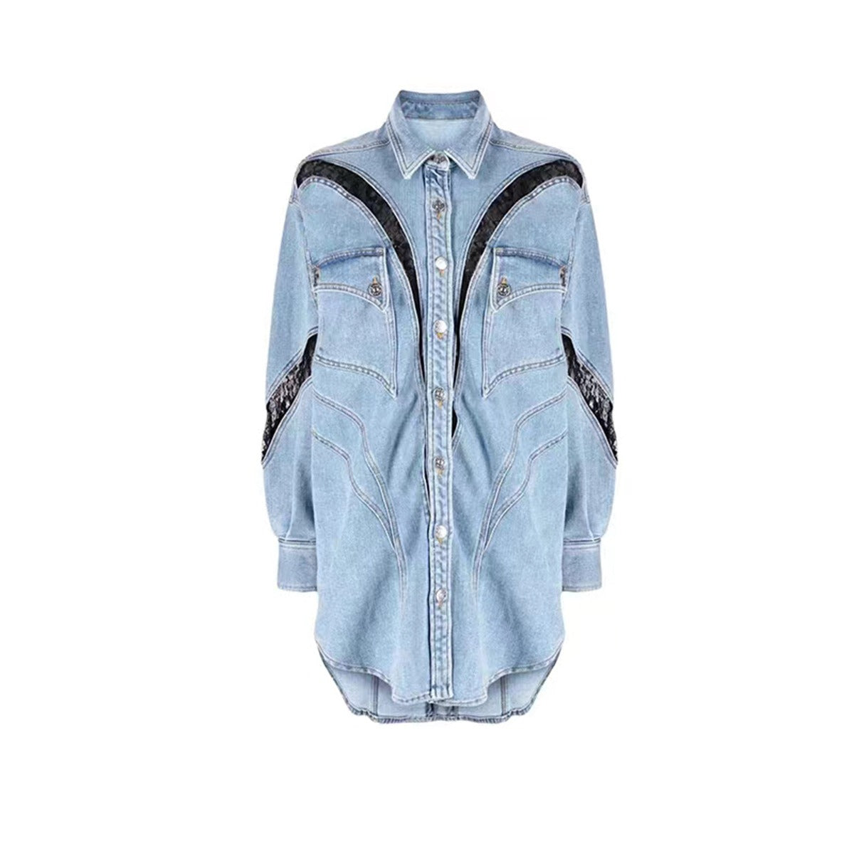 Streetwear Style Loose Fashion Trend Women's Clothing Long Sleeve Jean Jacket Lace Panel Design Denim Coats