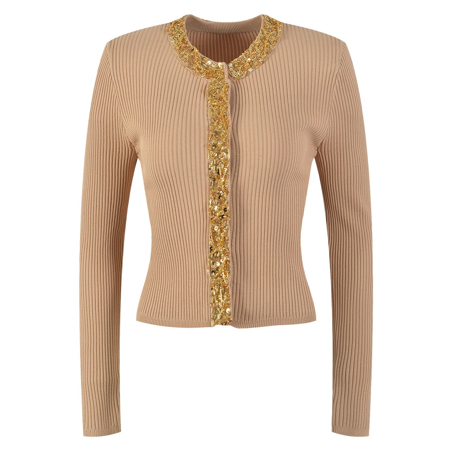 Spring Autumn Long Sleeve Top 2023 Luxury Sequin Beading O-neck Knitted Sweater Women Elegant Cardigans Khaki White Black