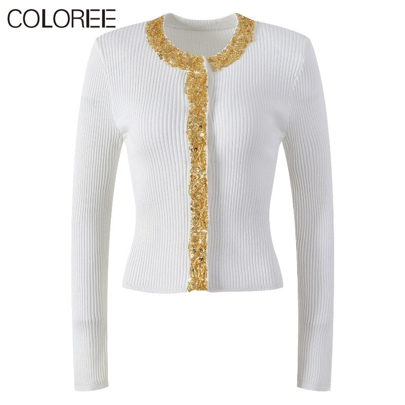 Spring Autumn Long Sleeve Top 2023 Luxury Sequin Beading O-neck Knitted Sweater Women Elegant Cardigans Khaki White Black