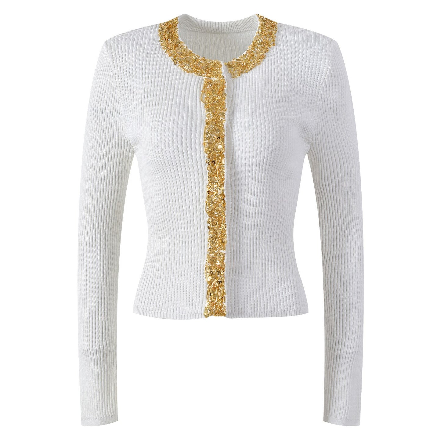 Spring Autumn Long Sleeve Top 2023 Luxury Sequin Beading O-neck Knitted Sweater Women Elegant Cardigans Khaki White Black