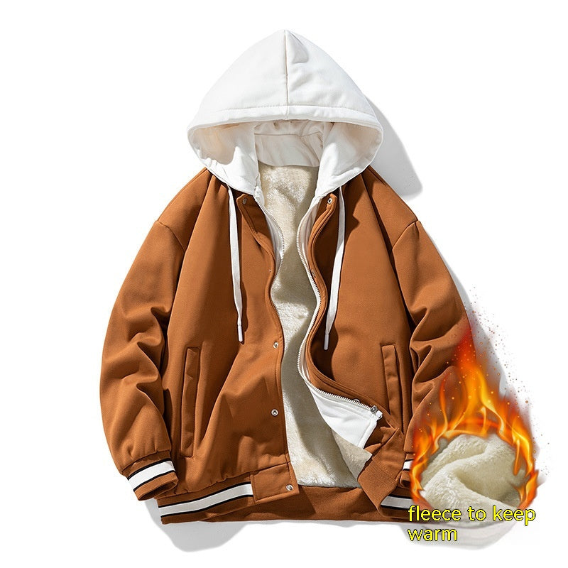 Autumn Winter Sweater Men's Hooded Cardigan Fleece False-two-piece Solid Color Coat