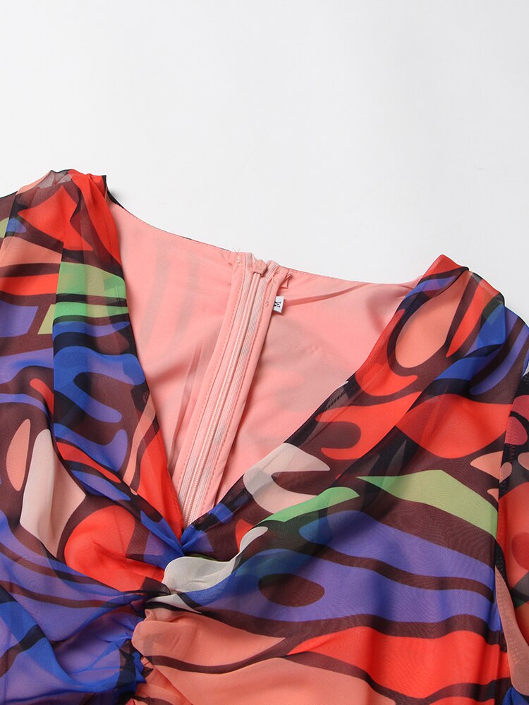 VGH Ruched Print Long Dress For Women V Neck Lantern Sleeve High Waist Colorblock Slim Dresses Female Spring Style Clothes