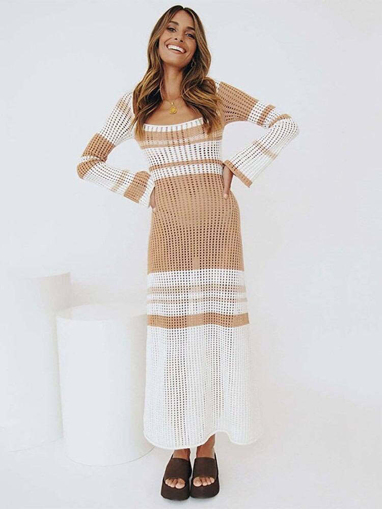 GACVGA Striped Knitted Sexy Long Dress Summer Full Sleeve Hollow Out Casual Women Beach Party Maxi Dress