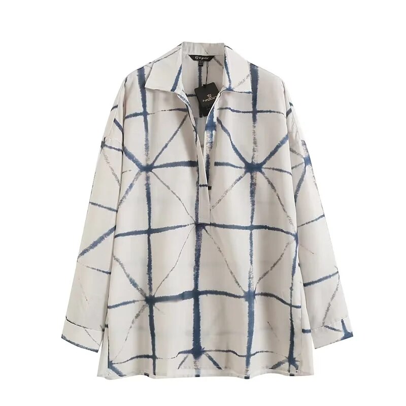 Comfortable Ramie Thin V-neck Printed Long Sleeved Women's Shirt Summer New Geometric High Quality Sunscreen Chip Female Tops