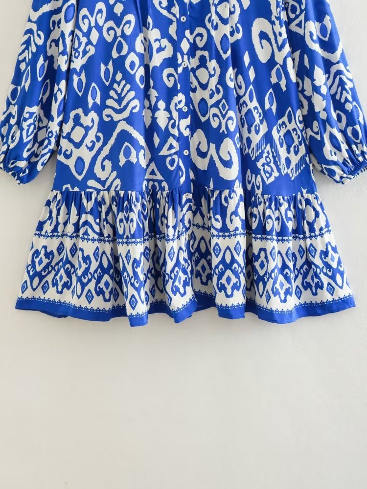 Summer Vintage Patchwork Women Casual Shirt Printed Dress A-Line V Neck Wrist Sleeve Button-Up Loose Female Mini Dresses