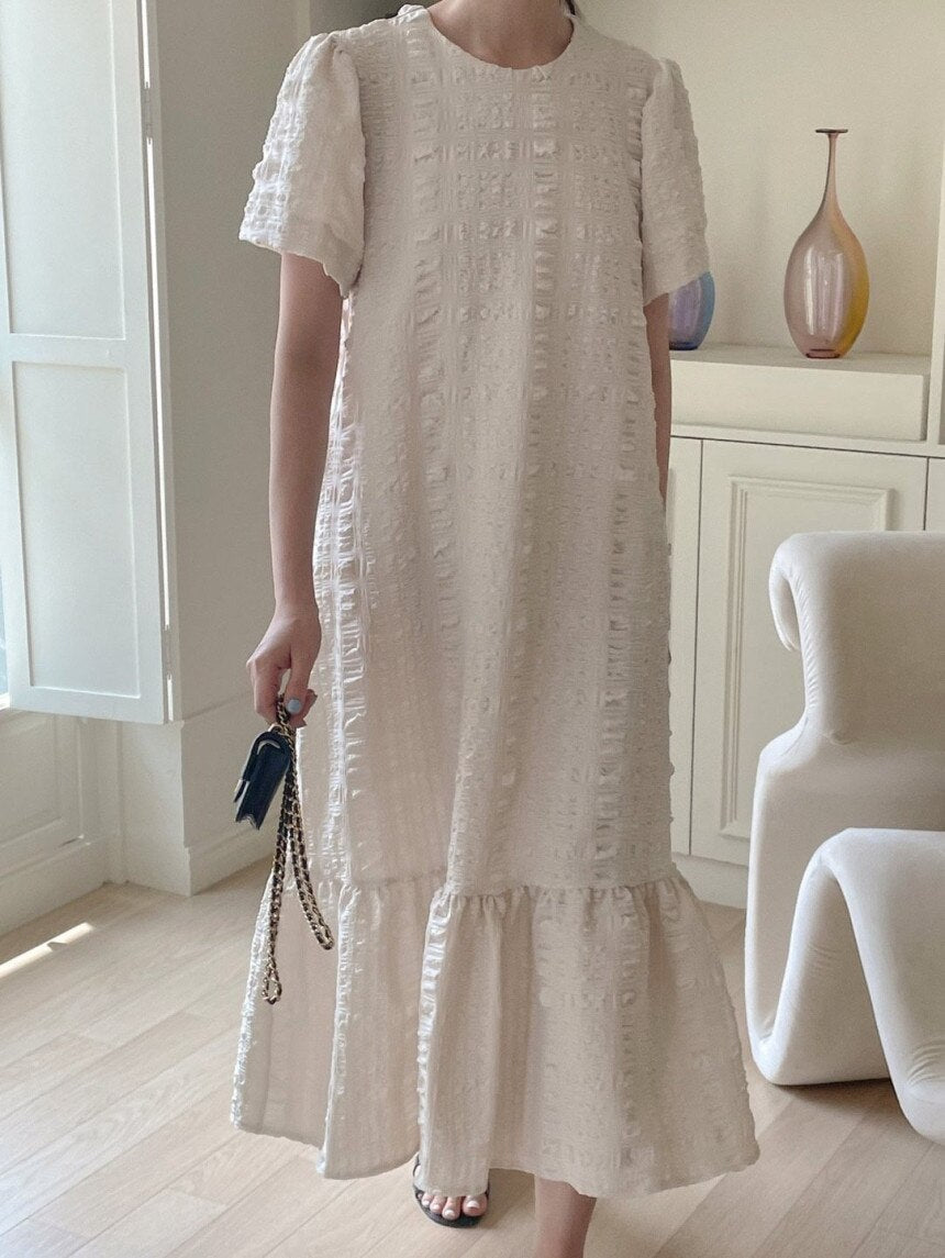 Nomikuma Summer Korean Dresses Vintage Women Sweet Puff Sleeve O-neck Dress Causal Ruffle Patchwork A-line Vestidos Mujer