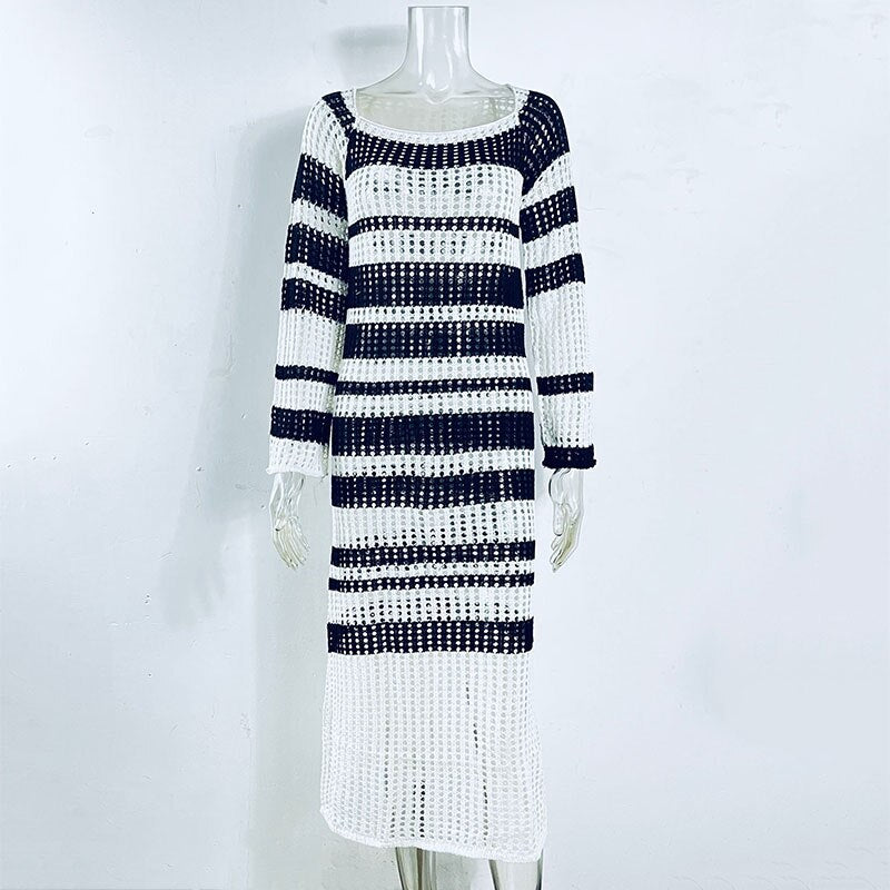 GACVGA Striped Knitted Sexy Long Dress Summer Full Sleeve Hollow Out Casual Women Beach Party Maxi Dress
