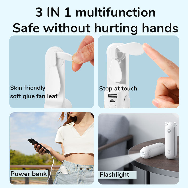 Portable Fan Mini Handheld Fan USB Recharge Hand Held Small Pocket Fan with Power Bank Flashlight Feature