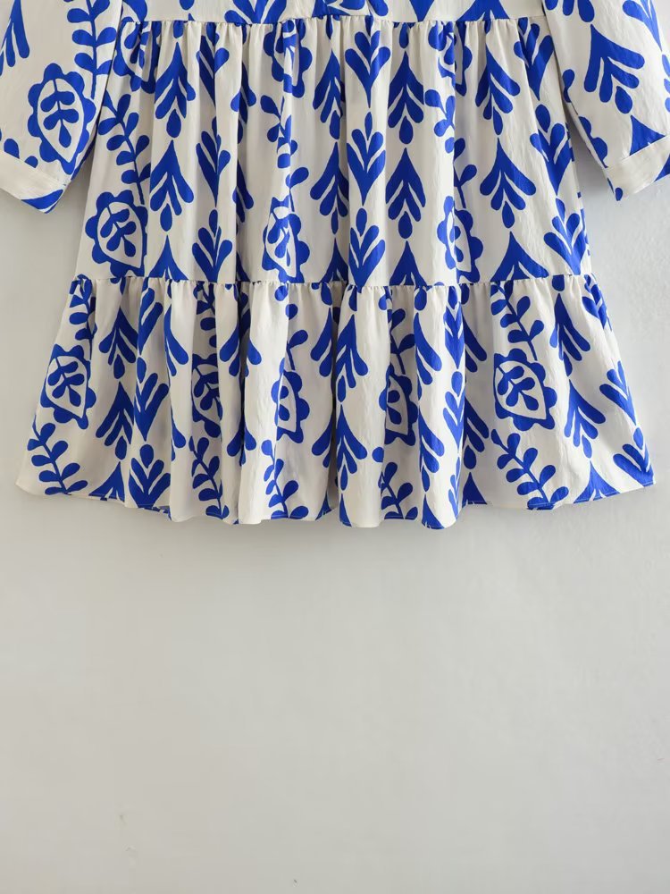 Summer Fashion Women Casual Robe Dress Printed A-Line V Neck Three Quarter Sleeve High Waist Tiered Female Mini Dresses