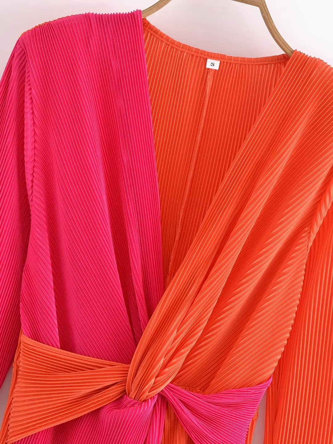Women Fashion Patchwork Contrast Dress Elegant Cross V-neck Pleated Dresses Female Long Sleeve Robe