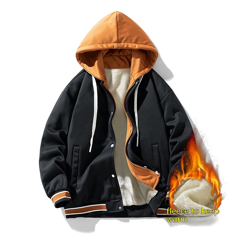 Autumn Winter Sweater Men's Hooded Cardigan Fleece False-two-piece Solid Color Coat