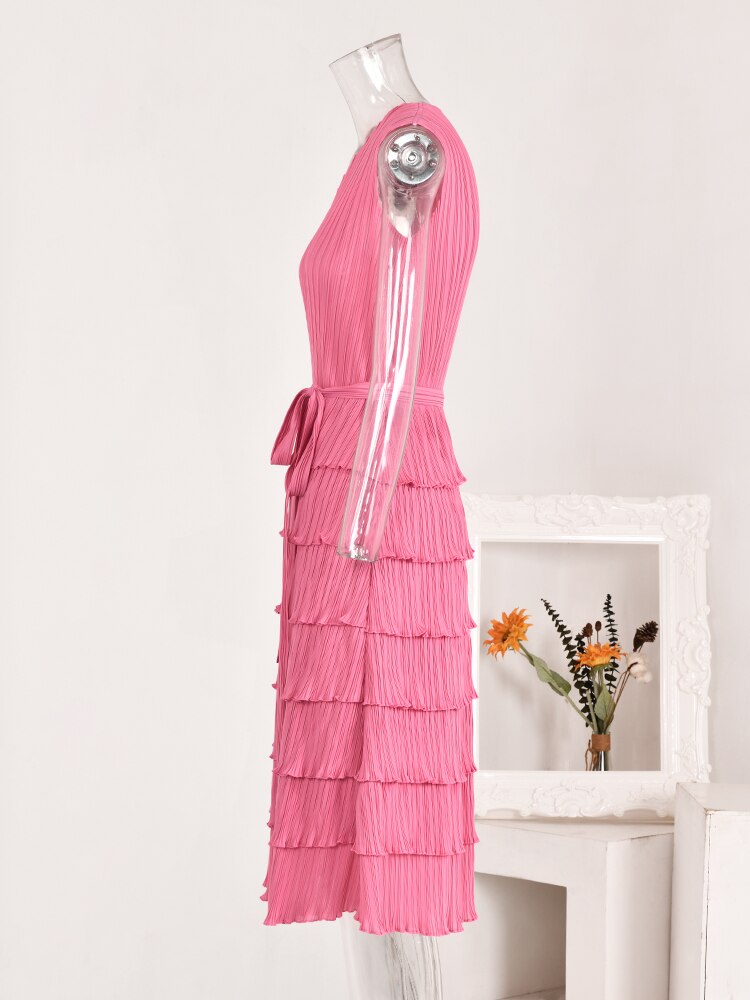 LANMREM Fashion Pleated Belt Dress For Women Solid V-neck Sleeveless Elegant Spliced A-line Dresses Casual New 2La2206