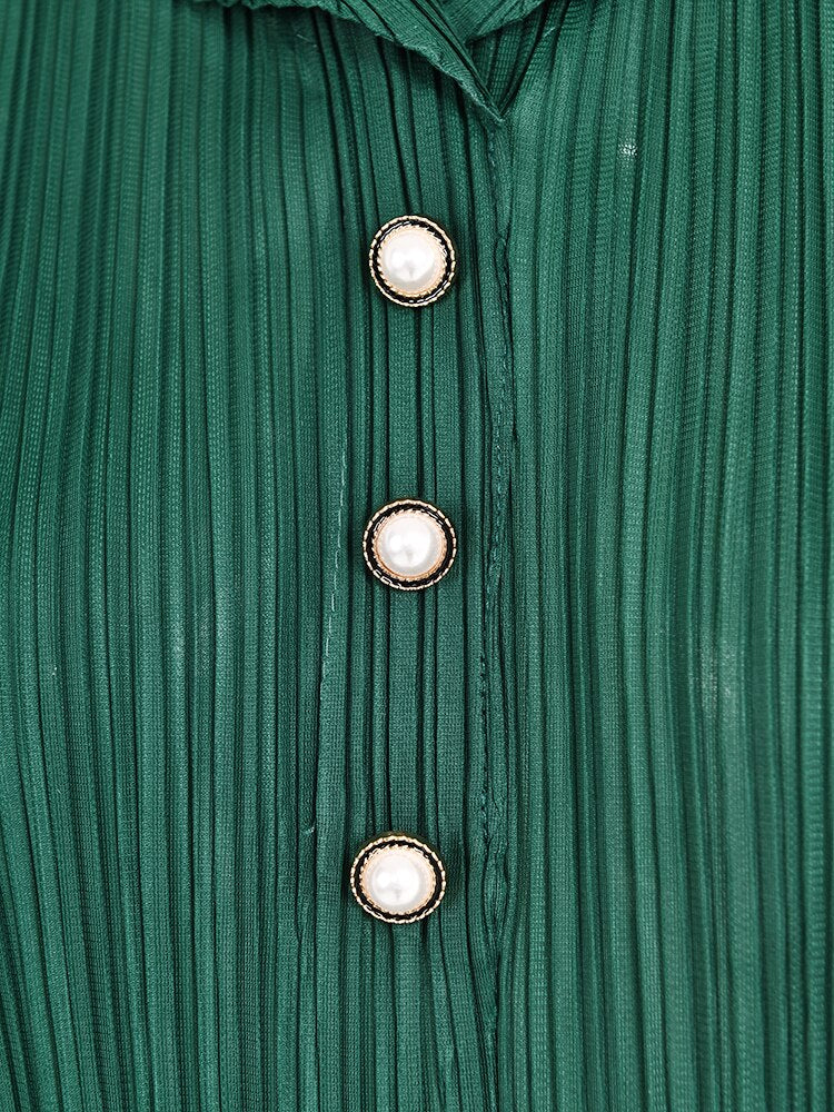 LANMREM Casual Pleated Dress For Women Lapel Long Sleeves Beading A-line Dresses High End Female Clothing New YAa541