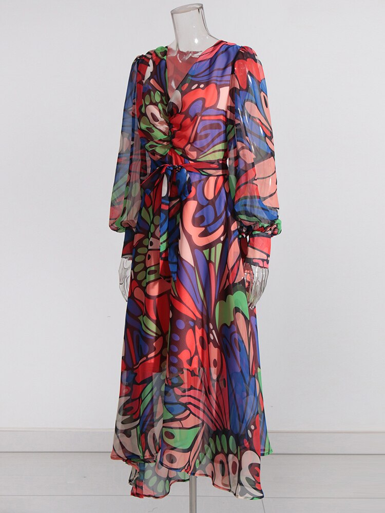 VGH Ruched Print Long Dress For Women V Neck Lantern Sleeve High Waist Colorblock Slim Dresses Female Spring Style Clothes