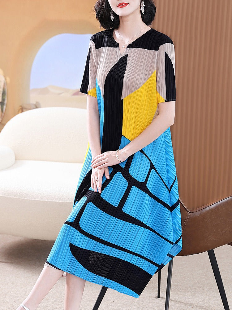Pleated Dress for Women Printed Comfortable, Loose and Thin Pleated Mid-Length Elegant Dress Women