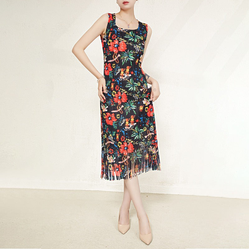 Pleated Sleeveless Vest Tassels Dress Vintage Printed Square Neck Dress Women's Fashion Clothes