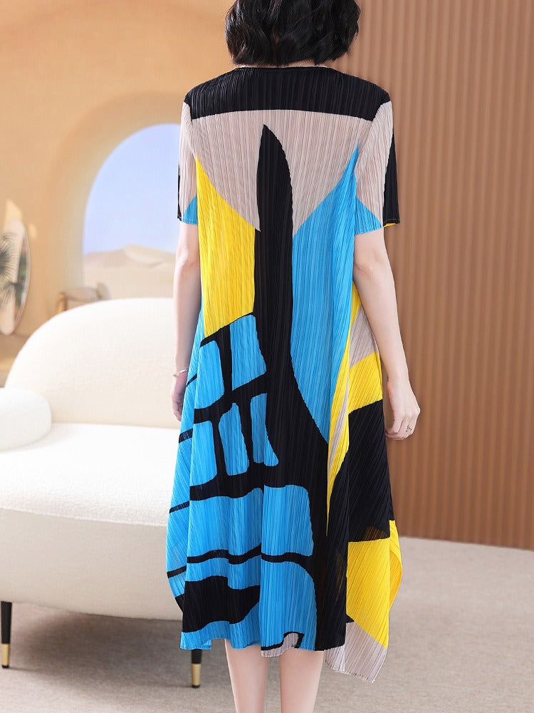 Pleated Dress for Women Printed Comfortable, Loose and Thin Pleated Mid-Length Elegant Dress Women