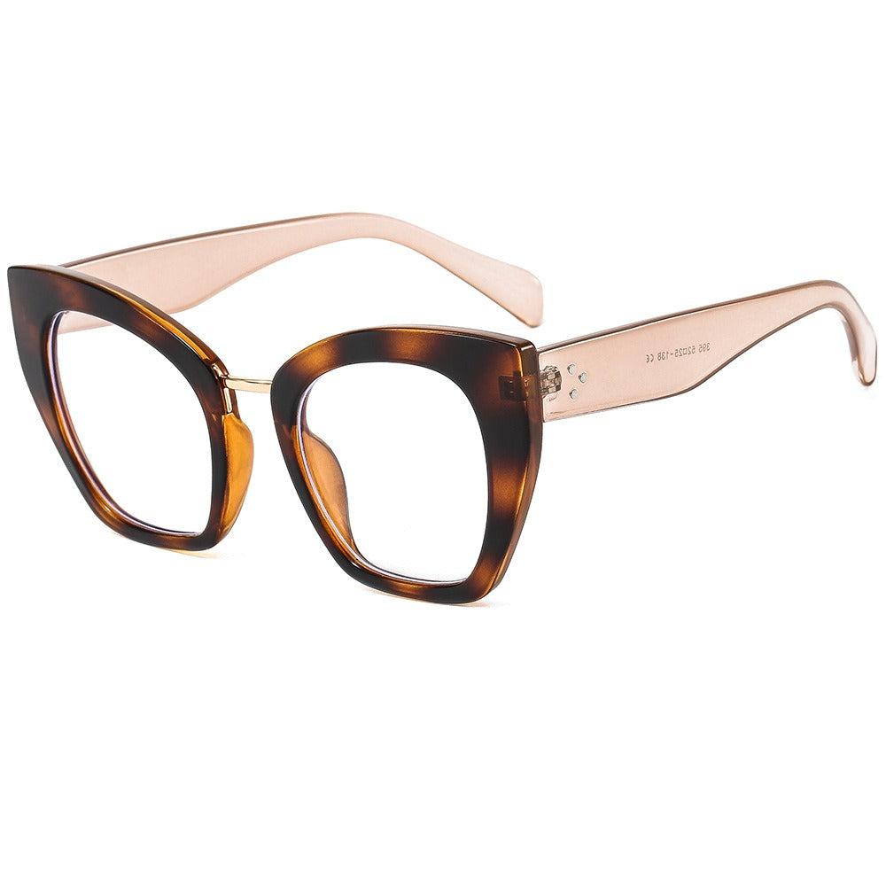 New personalized trend large frame cat eye flat lenses for women's anti blue light eye protection PC full frame glasses