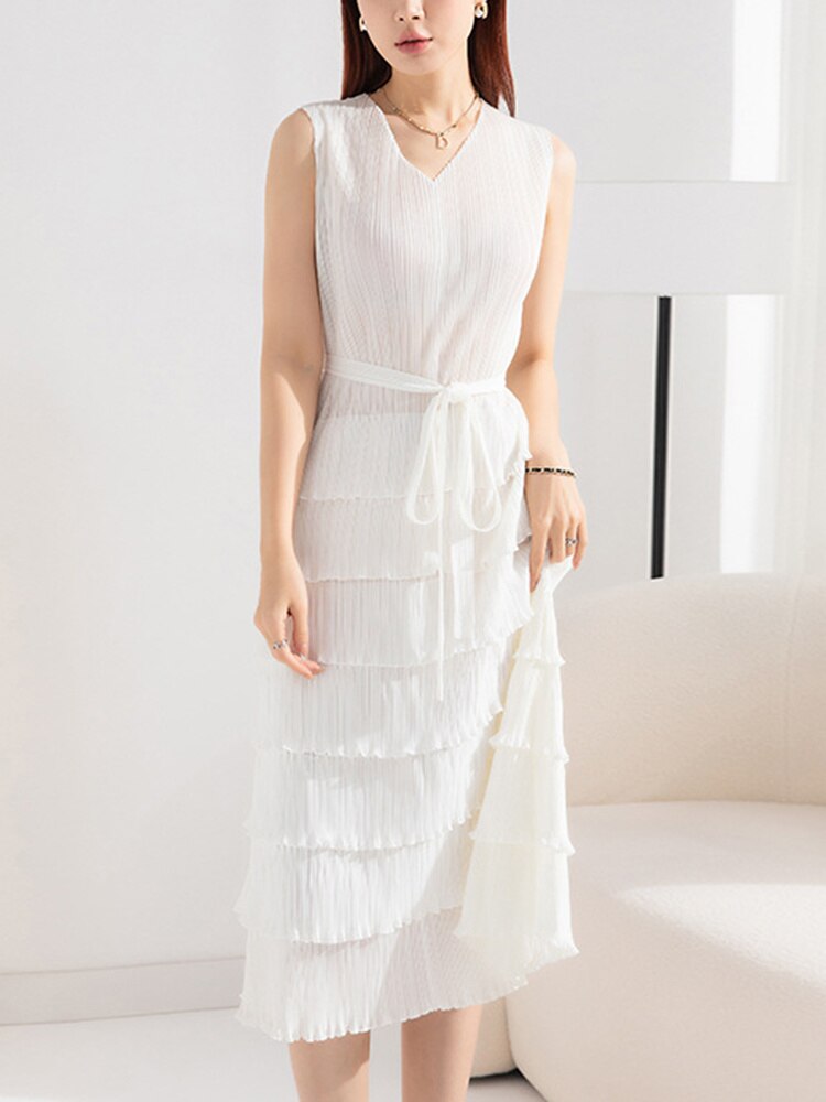 LANMREM Fashion Pleated Belt Dress For Women Solid V-neck Sleeveless Elegant Spliced A-line Dresses Casual New 2La2206