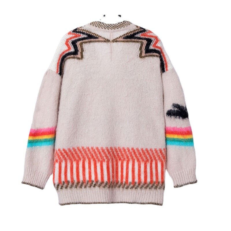 Autumn and Winter New Women Clashing Long-sleeved Knitted Cardigan Jacket Rainbow Jumper Wool Blend