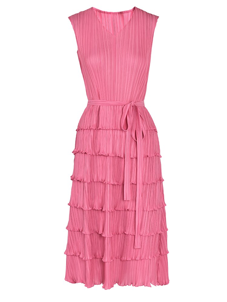LANMREM Fashion Pleated Belt Dress For Women Solid V-neck Sleeveless Elegant Spliced A-line Dresses Casual New 2La2206