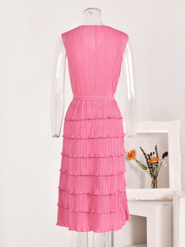 LANMREM Fashion Pleated Belt Dress For Women Solid V-neck Sleeveless Elegant Spliced A-line Dresses Casual New 2La2206