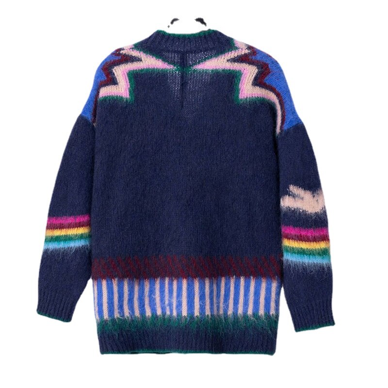 Autumn and Winter New Women Clashing Long-sleeved Knitted Cardigan Jacket Rainbow Jumper Wool Blend