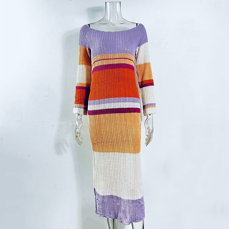GACVGA Striped Knitted Sexy Long Dress Summer Full Sleeve Hollow Out Casual Women Beach Party Maxi Dress
