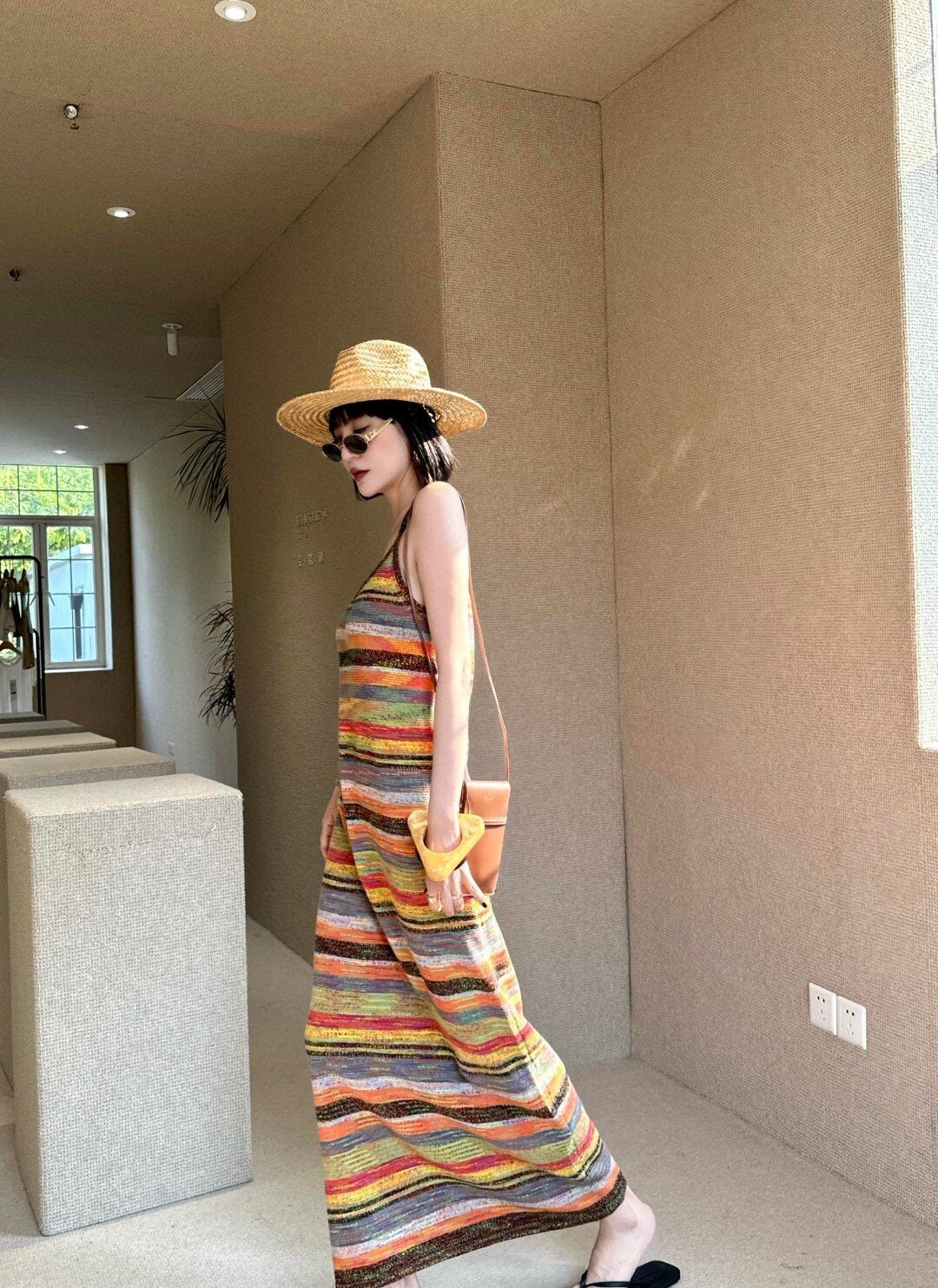 New Women Cotton Linen Knitted Spaghetti Strap Midi Dress Chic Elegant Casual Bohemian Beach Style Vintage Luxury Clothes