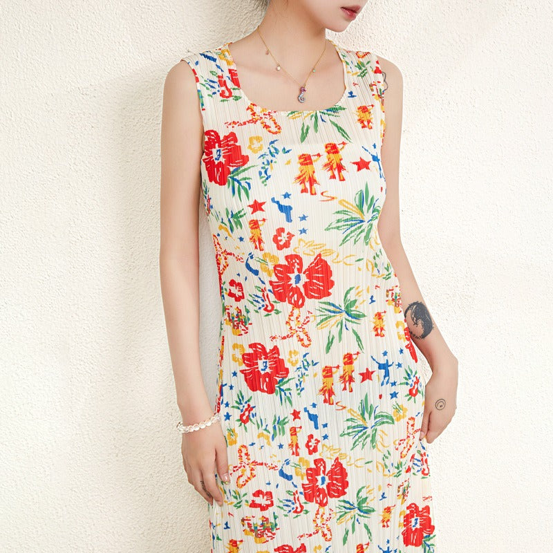 Pleated Sleeveless Vest Tassels Dress Vintage Printed Square Neck Dress Women's Fashion Clothes