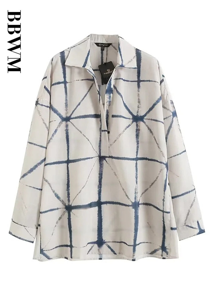 Comfortable Ramie Thin V-neck Printed Long Sleeved Women's Shirt Summer New Geometric High Quality Sunscreen Chip Female Tops