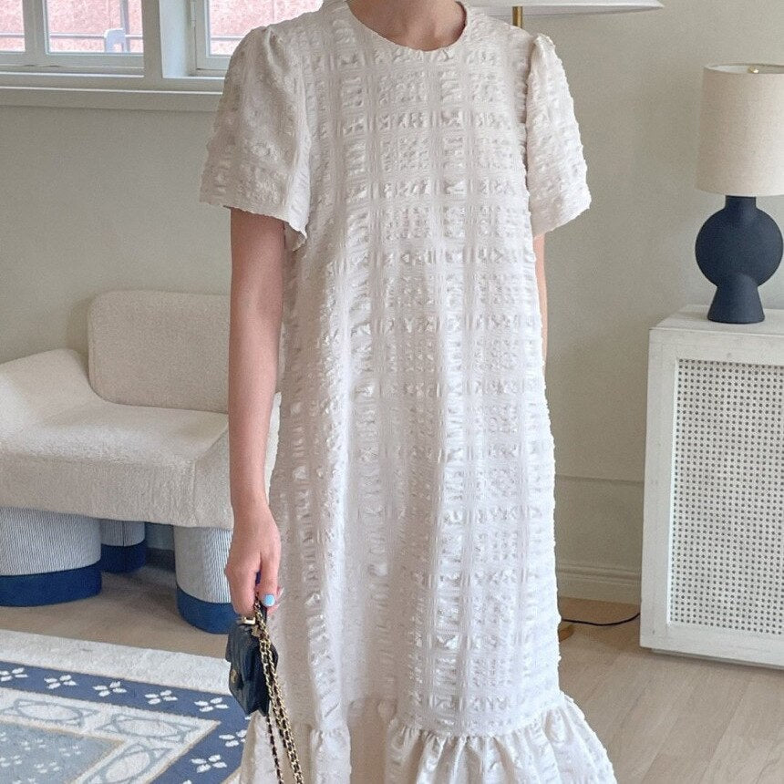 Nomikuma Summer Korean Dresses Vintage Women Sweet Puff Sleeve O-neck Dress Causal Ruffle Patchwork A-line Vestidos Mujer