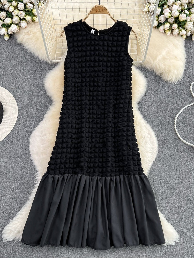 Women Bubble Plaid Vest Dress Solid Color O-neck Loose Dresses
